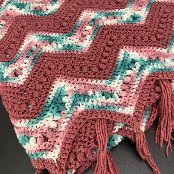 Handmade Chevron Crochet Blanket throw with Fringe 64x40”